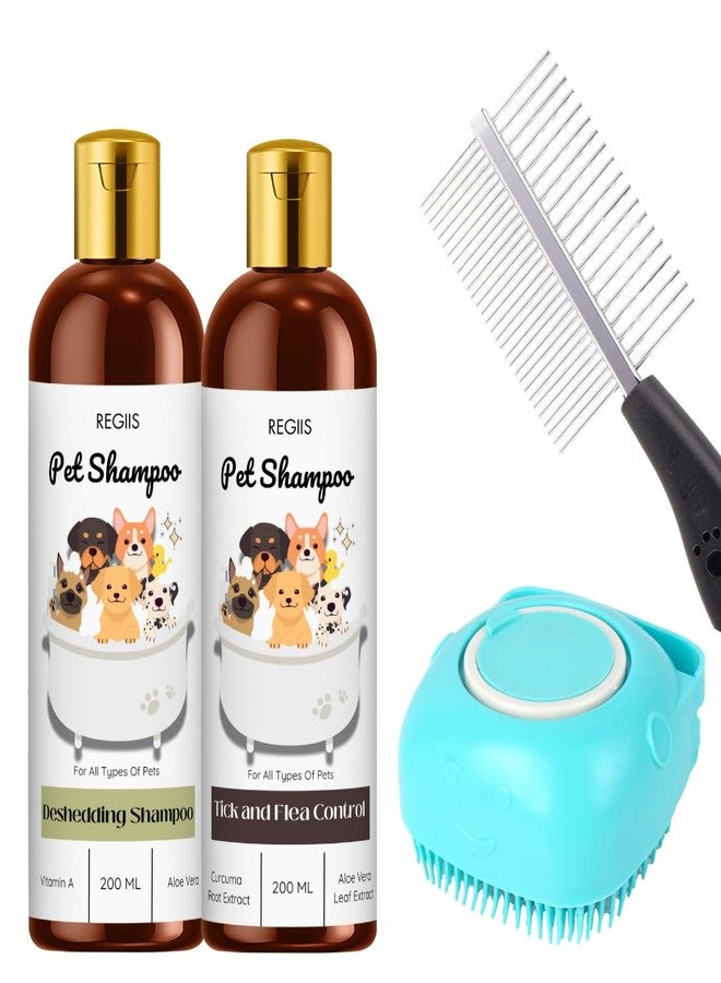 مجموعة شامبو الحيوانات الأليفة من ريجيس بتركيبة لإزالة الشعر الزائد ومكافحة القراد، 200 مل لكل عبوة، تتضمن فرشاة تنظيف، لجميع أنواع الحيوانات الأليفة (عبوة من 4 قطع) - Image 1